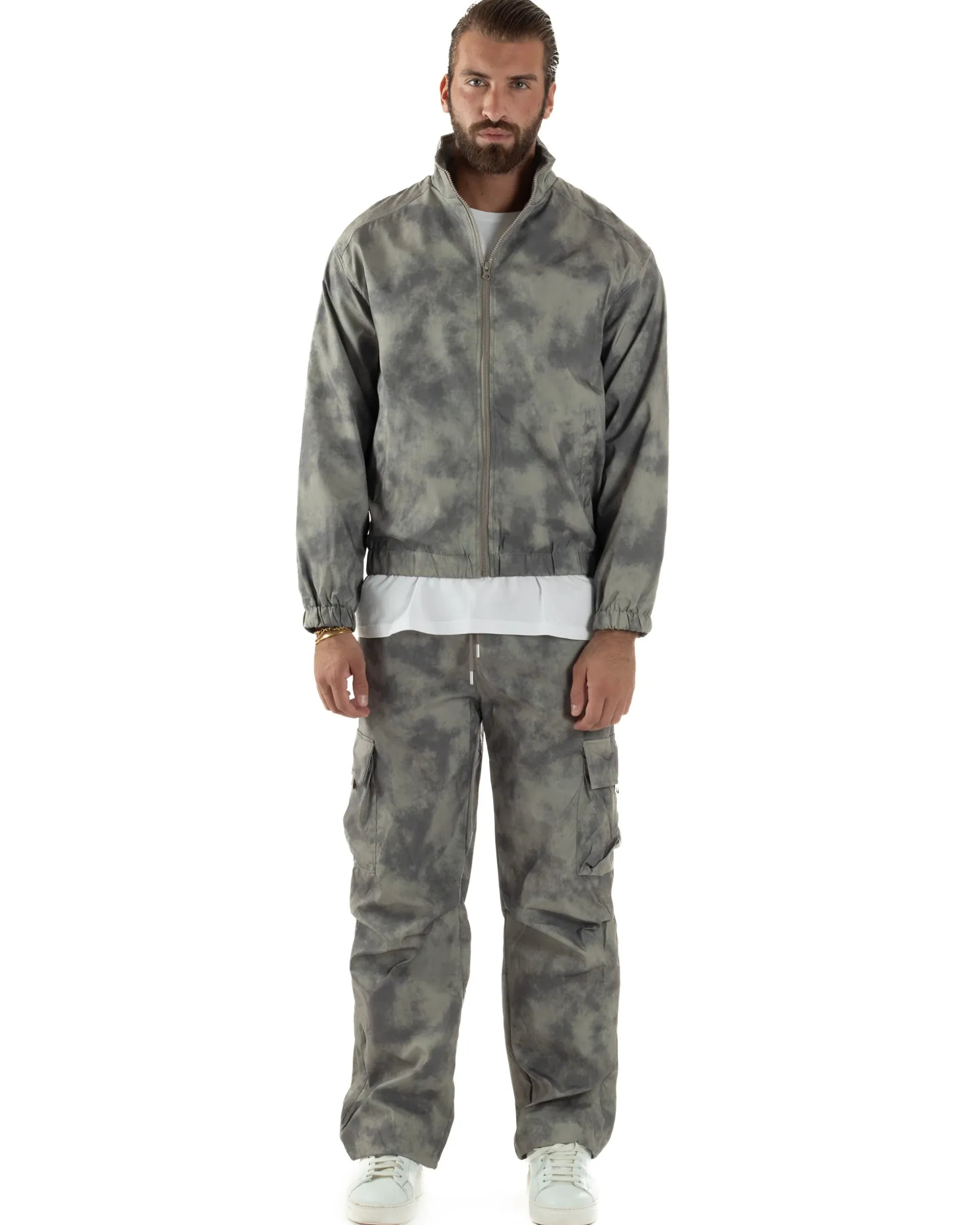 Coordinato Tuta Giacca Giubbotto Pantaloni Baggy Cargo Tie Dye Verde OU2530A