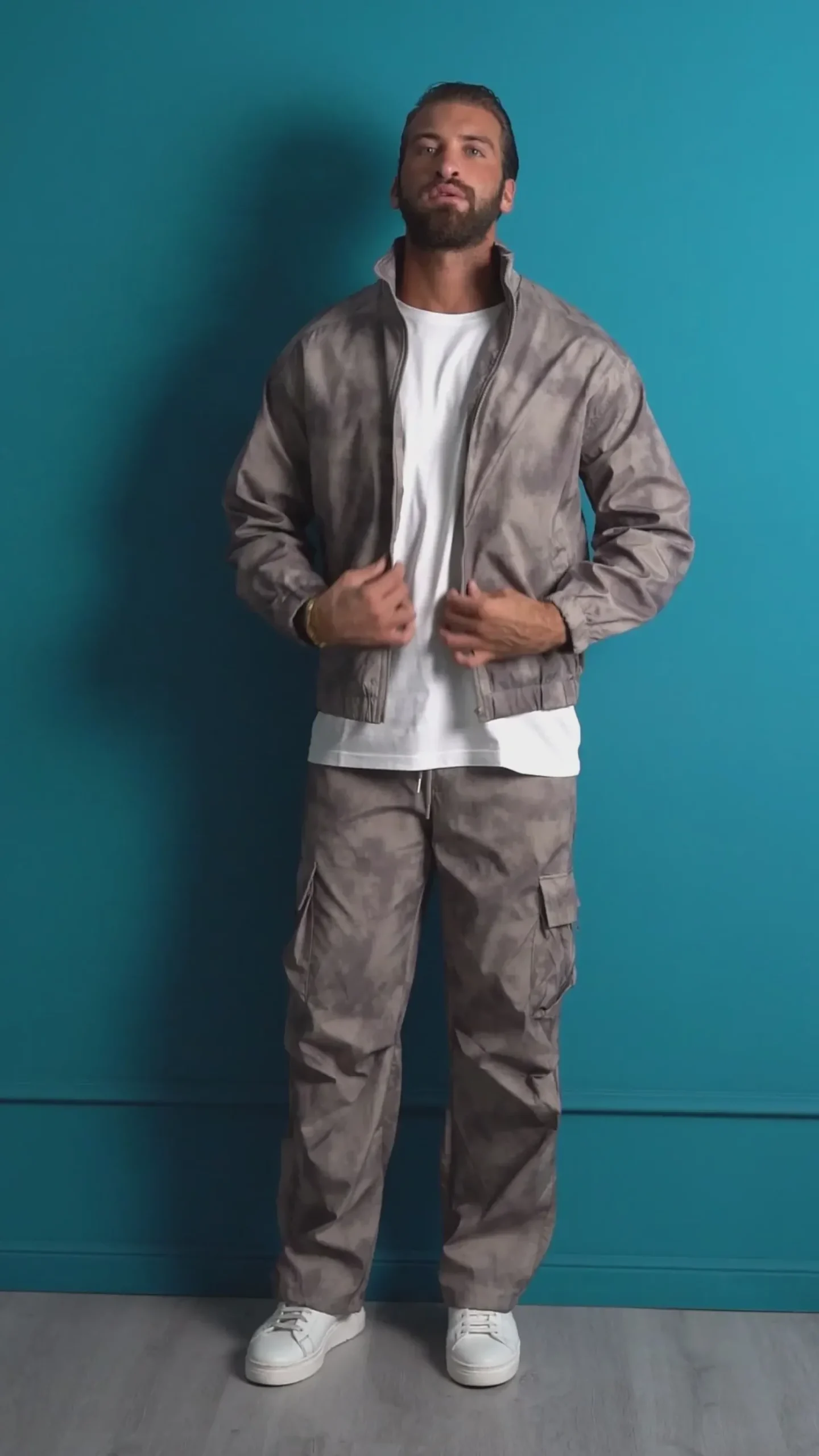 Coordinato Tuta Giacca Giubbotto Pantaloni Baggy Cargo Tie Dye Verde OU2530A
