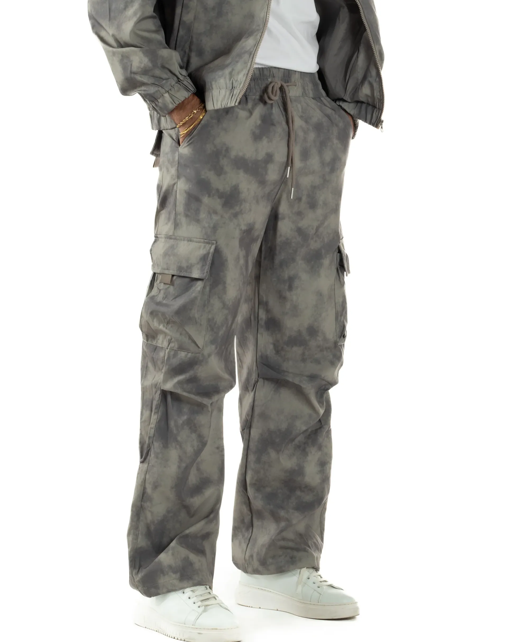 Coordinato Tuta Giacca Giubbotto Pantaloni Baggy Cargo Tie Dye Verde OU2530A