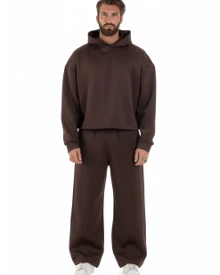 Coordinato tuta uomo viscosa felpa boxy crop pantaloni baggy marrone GIOSAL-OU2553A