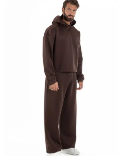 Coordinato tuta uomo viscosa felpa boxy crop pantaloni baggy marrone GIOSAL-OU2553A