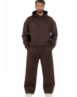 Coordinato tuta uomo viscosa felpa boxy crop pantaloni baggy marrone GIOSAL-OU2553A