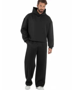 Coordinato tuta uomo viscosa felpa boxy crop pantaloni baggy nero GIOSAL-OU2552A