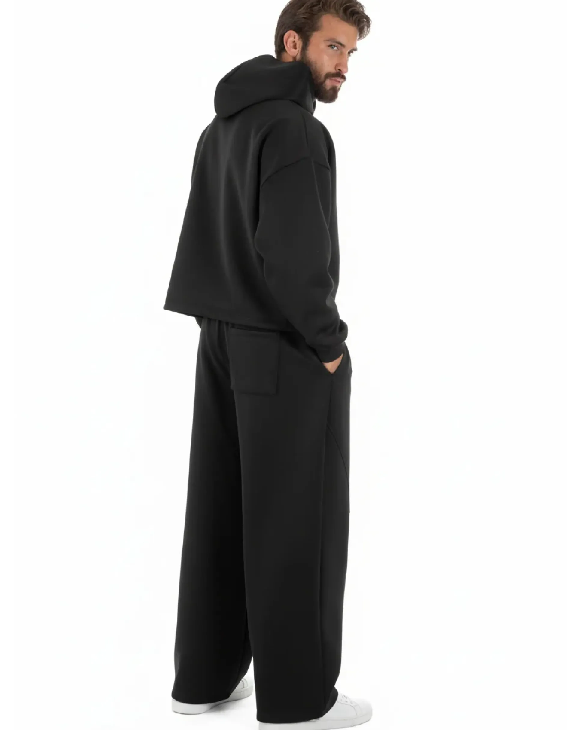 Coordinato tuta uomo viscosa felpa boxy crop pantaloni baggy nero GIOSAL-OU2552A