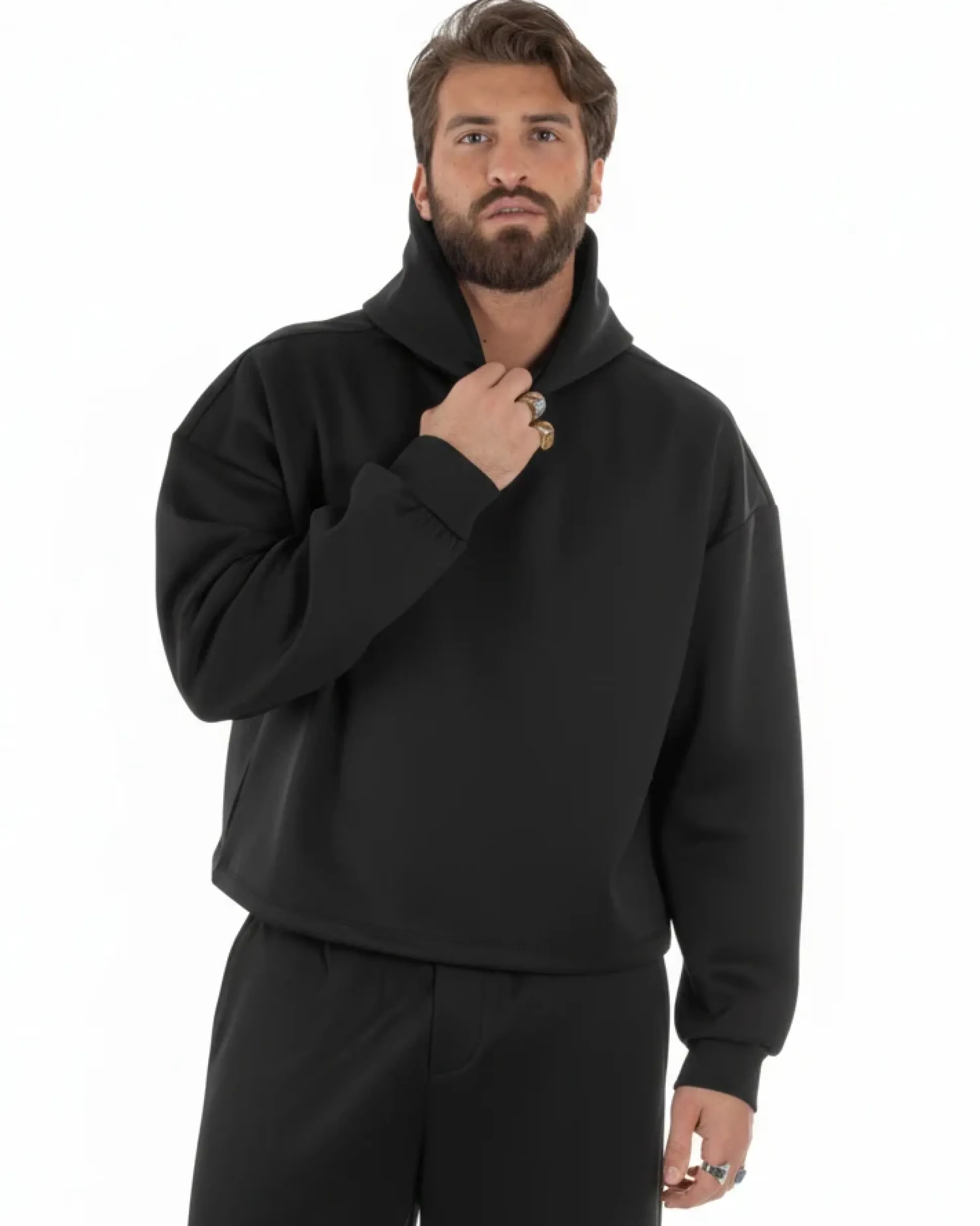 Coordinato tuta uomo viscosa felpa boxy crop pantaloni baggy nero GIOSAL-OU2552A