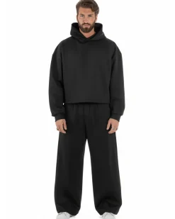 Coordinato tuta uomo viscosa felpa boxy crop pantaloni baggy nero GIOSAL-OU2552A