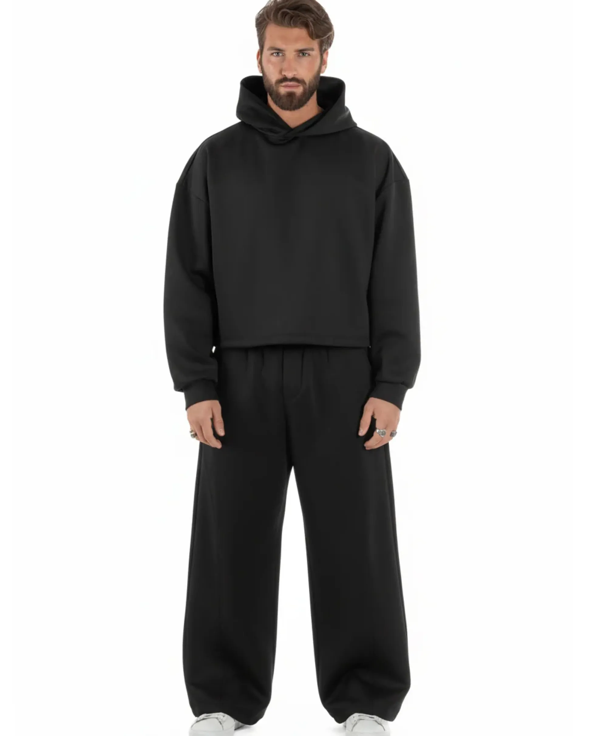 Coordinato tuta uomo viscosa felpa boxy crop pantaloni baggy nero GIOSAL-OU2552A