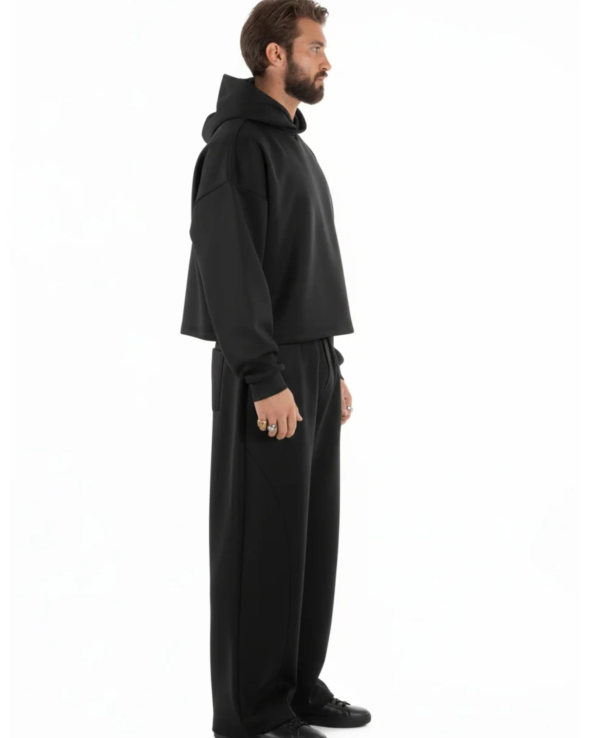 Coordinato tuta uomo viscosa felpa boxy crop pantaloni baggy nero GIOSAL-OU2552A