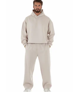 Coordinato tuta uomo viscosa felpa boxy crop pantaloni baggy panna GIOSAL-OU2551A