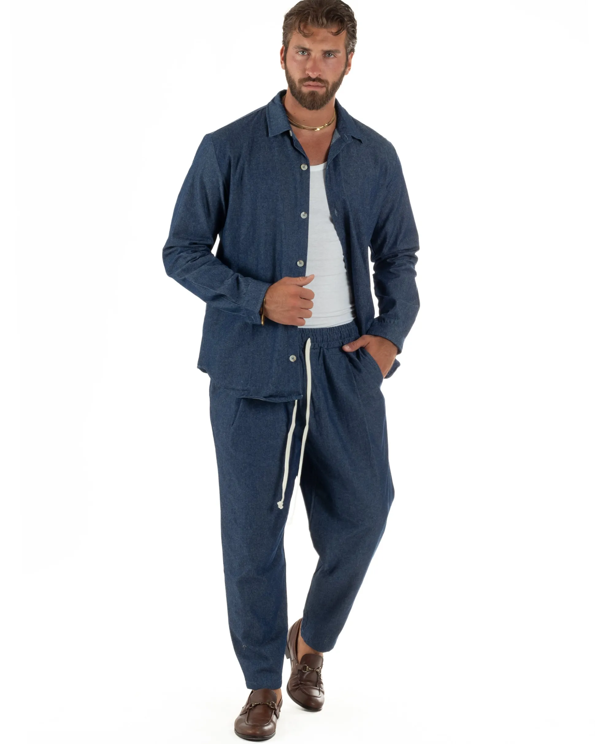 Coordinato uomo completo cotone camicia jogger relaxed fit denim GIOSAL-OU2564A