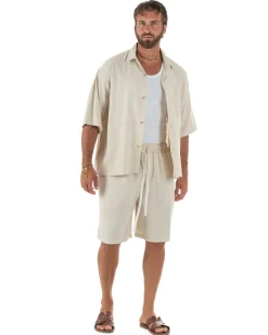 Coordinato uomo completo lino basic camicia bermuda beige GIOSAL-OU2569A