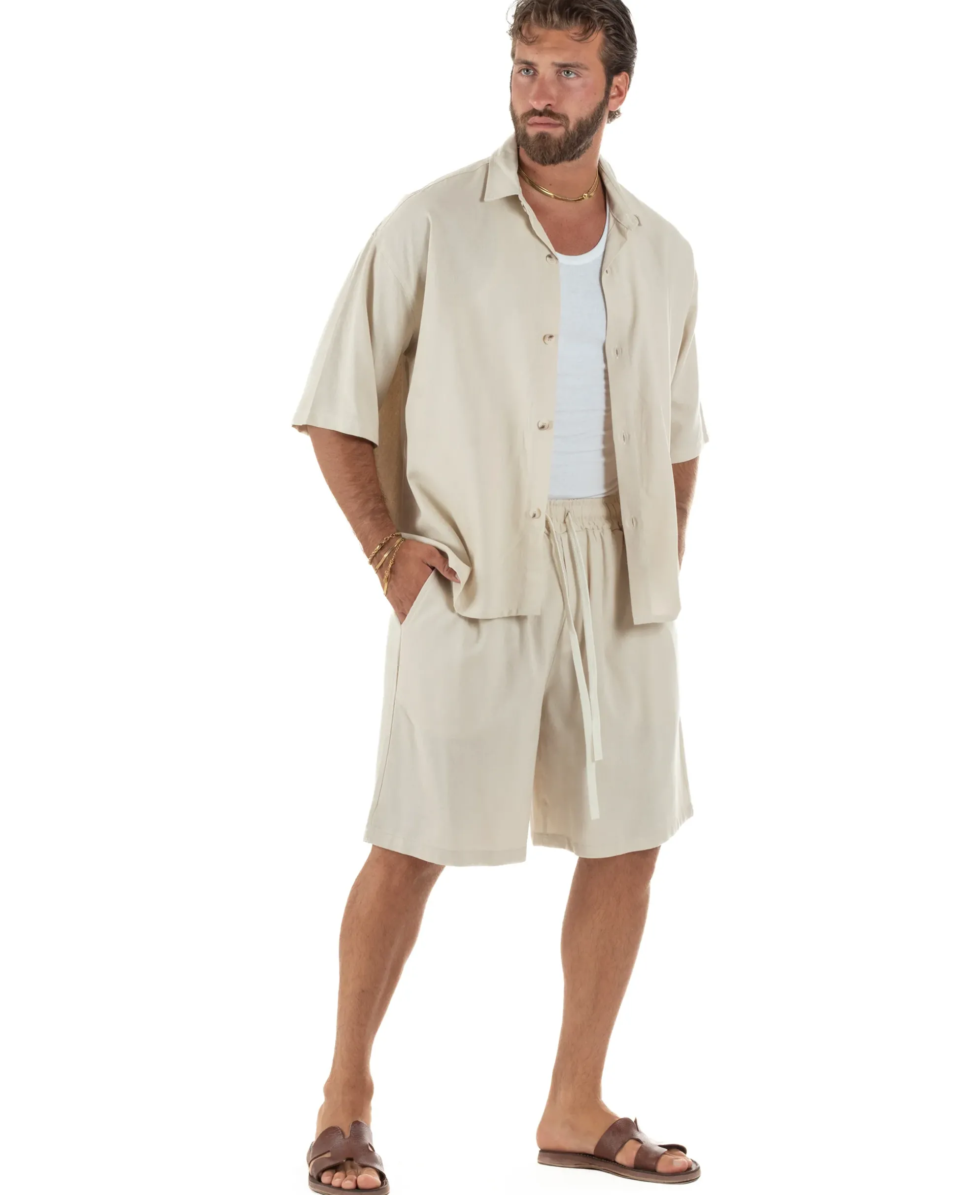 Coordinato uomo completo lino basic camicia bermuda beige GIOSAL-OU2569A