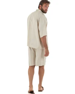 Coordinato uomo completo lino basic camicia bermuda beige GIOSAL-OU2569A