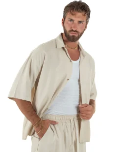 Coordinato uomo completo lino basic camicia bermuda beige GIOSAL-OU2569A