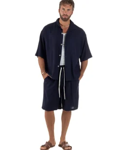 Coordinato uomo completo lino basic camicia bermuda blu GIOSAL-OU2568A