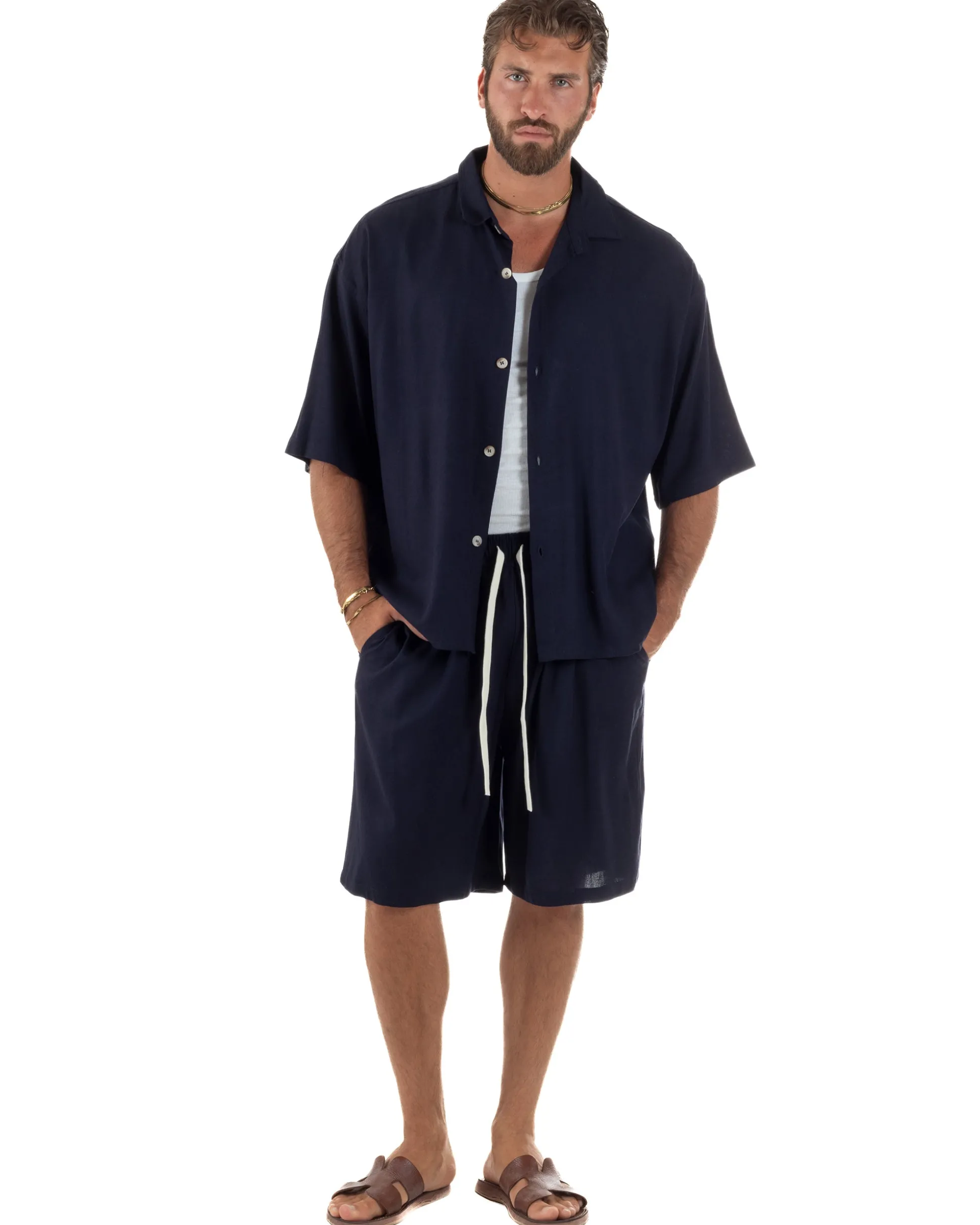 Coordinato uomo completo lino basic camicia bermuda blu GIOSAL-OU2568A