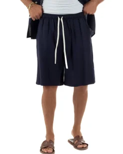 Coordinato uomo completo lino basic camicia bermuda blu GIOSAL-OU2568A