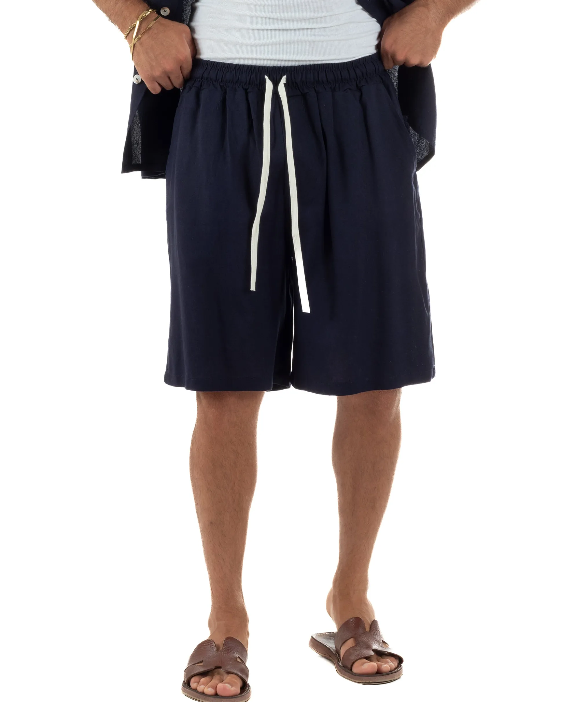 Coordinato uomo completo lino basic camicia bermuda blu GIOSAL-OU2568A