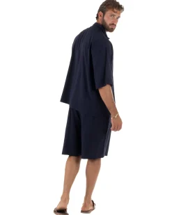 Coordinato uomo completo lino basic camicia bermuda blu GIOSAL-OU2568A