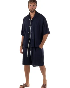 Coordinato uomo completo lino basic camicia bermuda blu GIOSAL-OU2568A