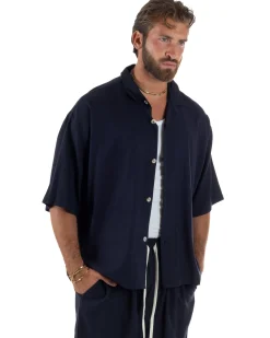Coordinato uomo completo lino basic camicia bermuda blu GIOSAL-OU2568A