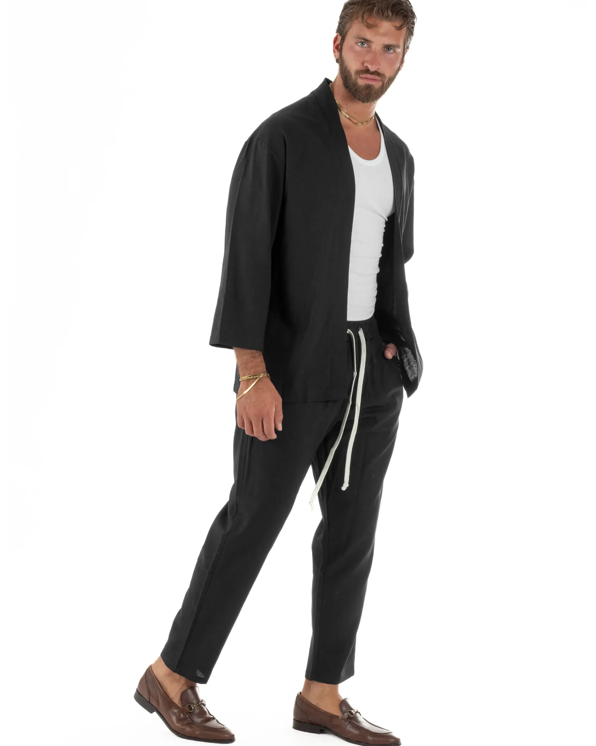 Coordinato uomo completo lino giacca kimono nero GIOSAL-OU2567A