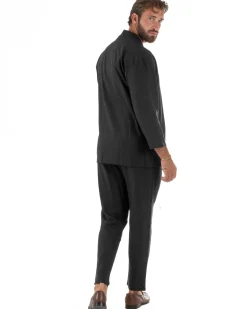 Coordinato uomo completo lino giacca kimono nero GIOSAL-OU2567A