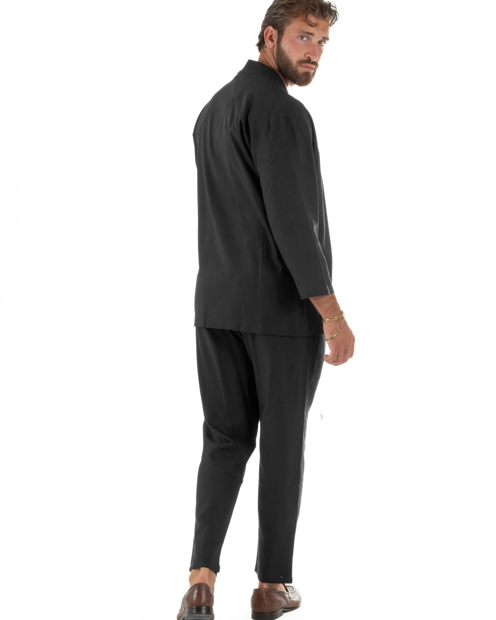 Coordinato uomo completo lino giacca kimono nero GIOSAL-OU2567A