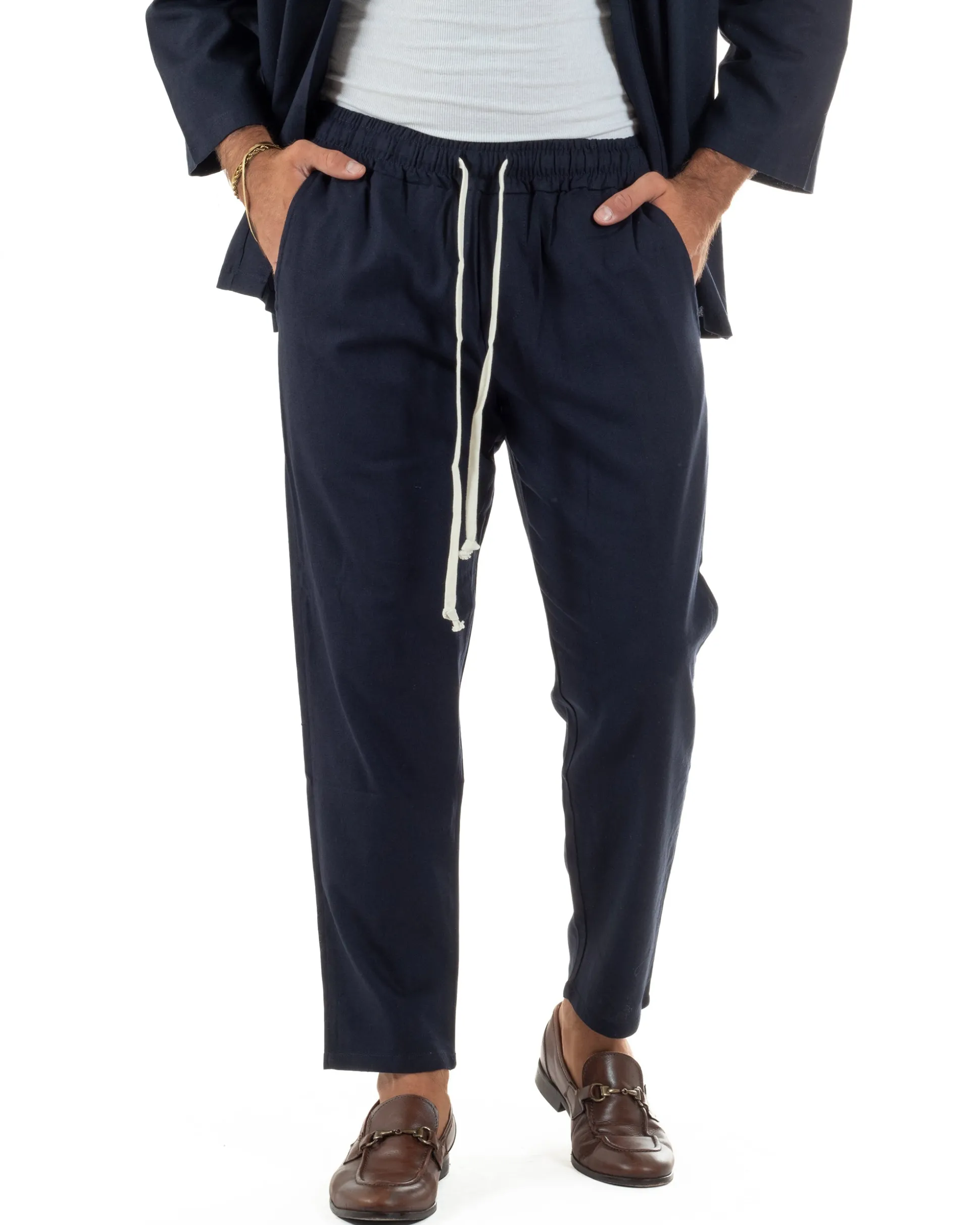 Coordinato uomo completo lino giacca kimono blu GIOSAL-OU2566A