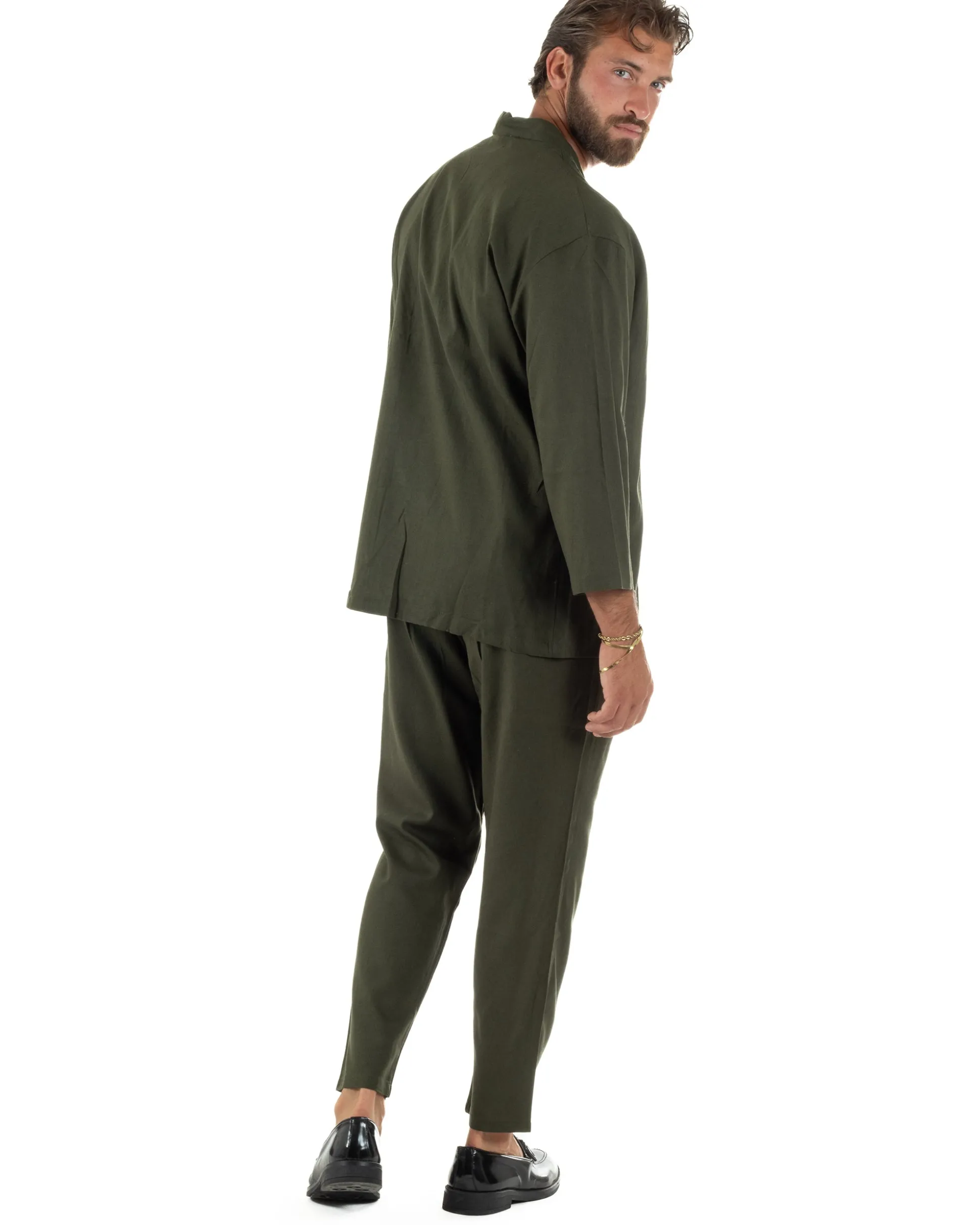 Coordinato uomo completo lino giacca kimono verde GIOSAL-OU2565A