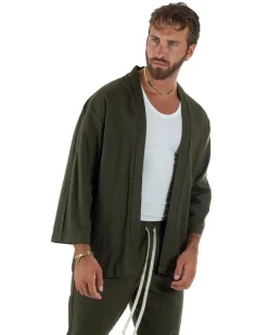 Coordinato uomo completo lino giacca kimono verde GIOSAL-OU2565A