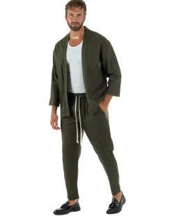 Coordinato uomo completo lino giacca kimono verde GIOSAL-OU2565A