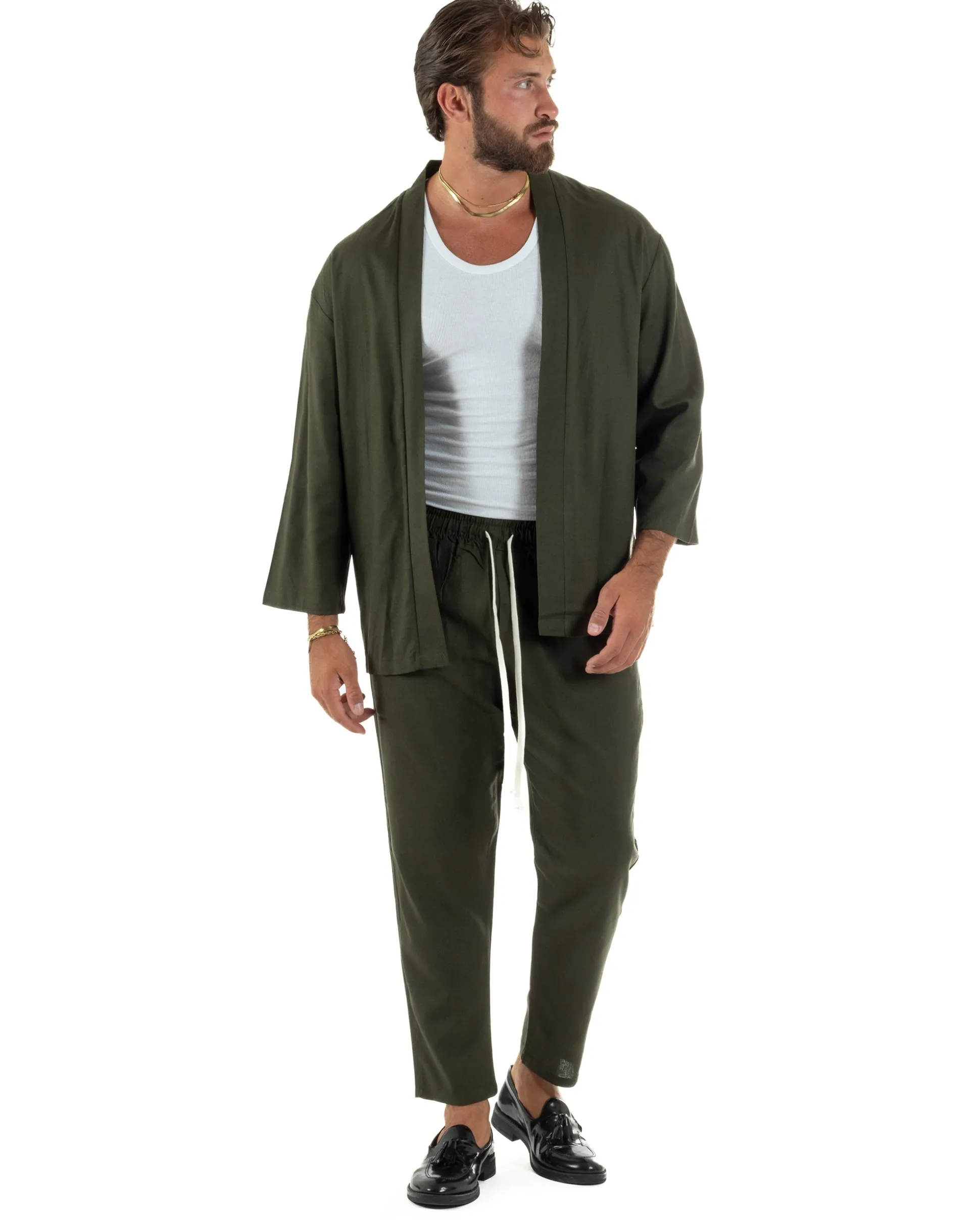 Coordinato uomo completo lino giacca kimono verde GIOSAL-OU2565A