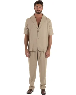 Coordinato uomo completo lino camicia maniche corte pantaloni relaxed fit beige GIOSAL-OU2557A