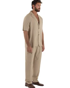 Coordinato uomo completo lino camicia maniche corte pantaloni relaxed fit beige GIOSAL-OU2557A