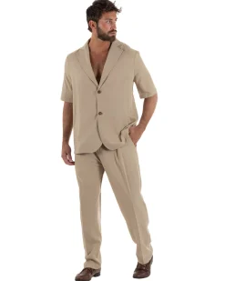 Coordinato uomo completo lino camicia maniche corte pantaloni relaxed fit beige GIOSAL-OU2557A