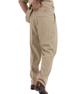 Coordinato uomo completo lino camicia maniche corte pantaloni relaxed fit beige GIOSAL-OU2557A