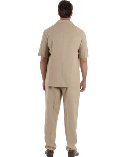 Coordinato uomo completo lino camicia maniche corte pantaloni relaxed fit beige GIOSAL-OU2557A