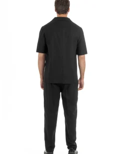 Coordinato uomo completo lino camicia maniche corte pantaloni relaxed fit nero GIOSAL-OU2556A