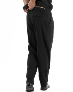 Coordinato uomo completo lino camicia maniche corte pantaloni relaxed fit nero GIOSAL-OU2556A