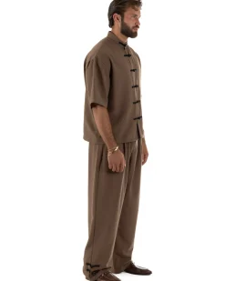 Coordinato uomo completo relaxed camicia coreana orientale pantaloni con coulisse marrone GIOSAL-OU2563A