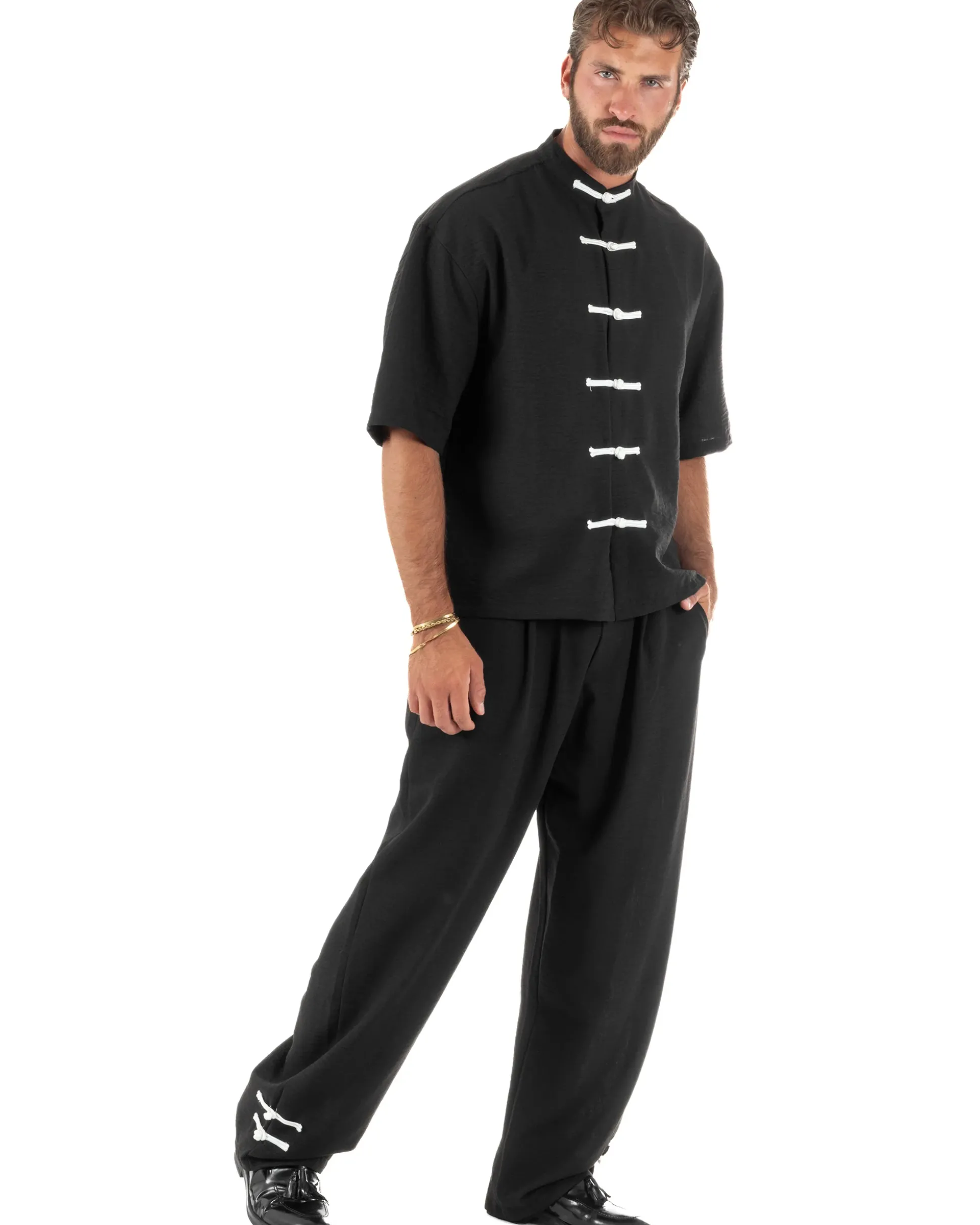 Coordinato uomo completo relaxed camicia coreana orientale pantaloni con coulisse nero GIOSAL-OU2562A