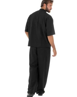 Coordinato uomo completo relaxed camicia coreana orientale pantaloni con coulisse nero GIOSAL-OU2562A
