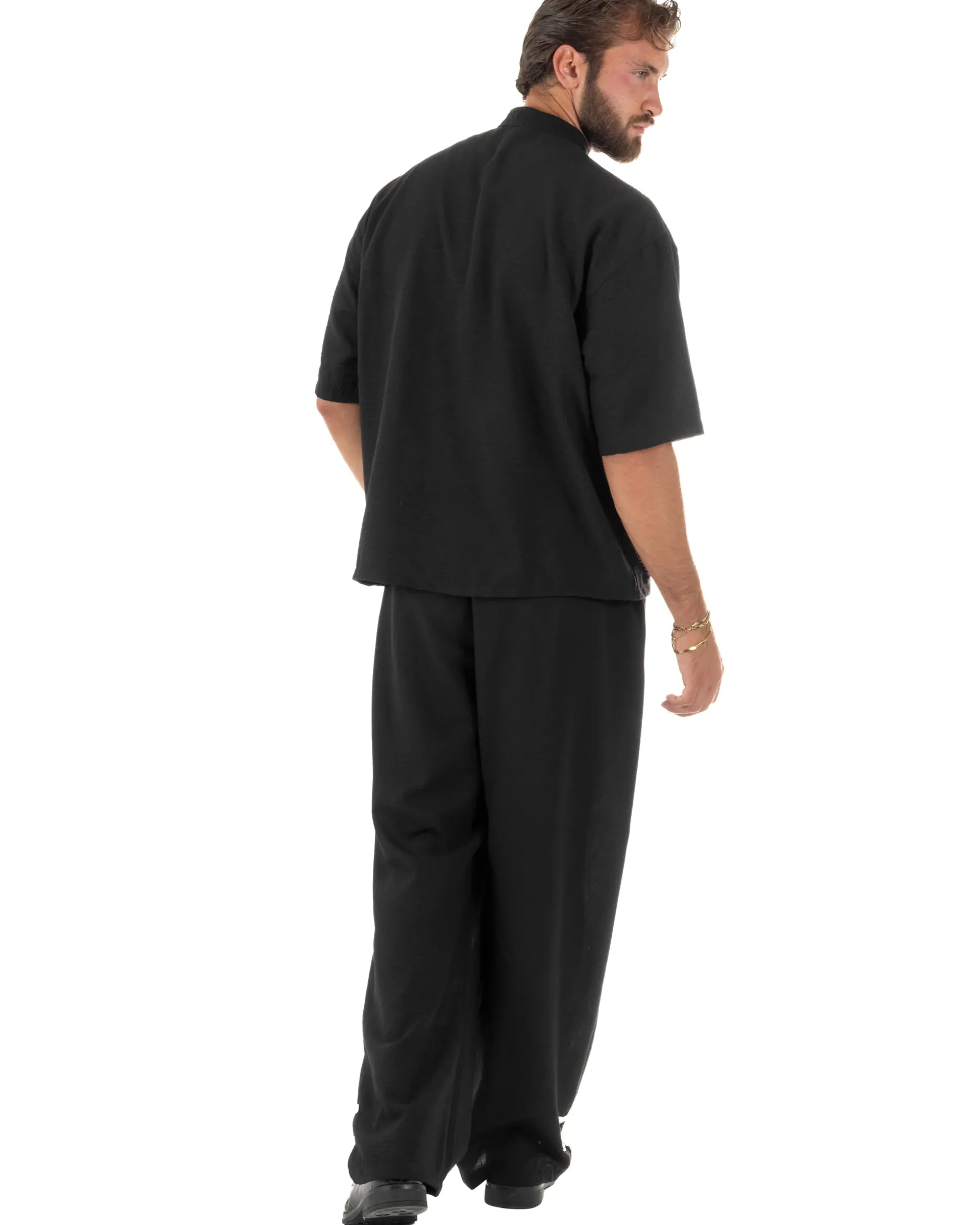 Coordinato uomo completo relaxed camicia coreana orientale pantaloni con coulisse nero GIOSAL-OU2562A
