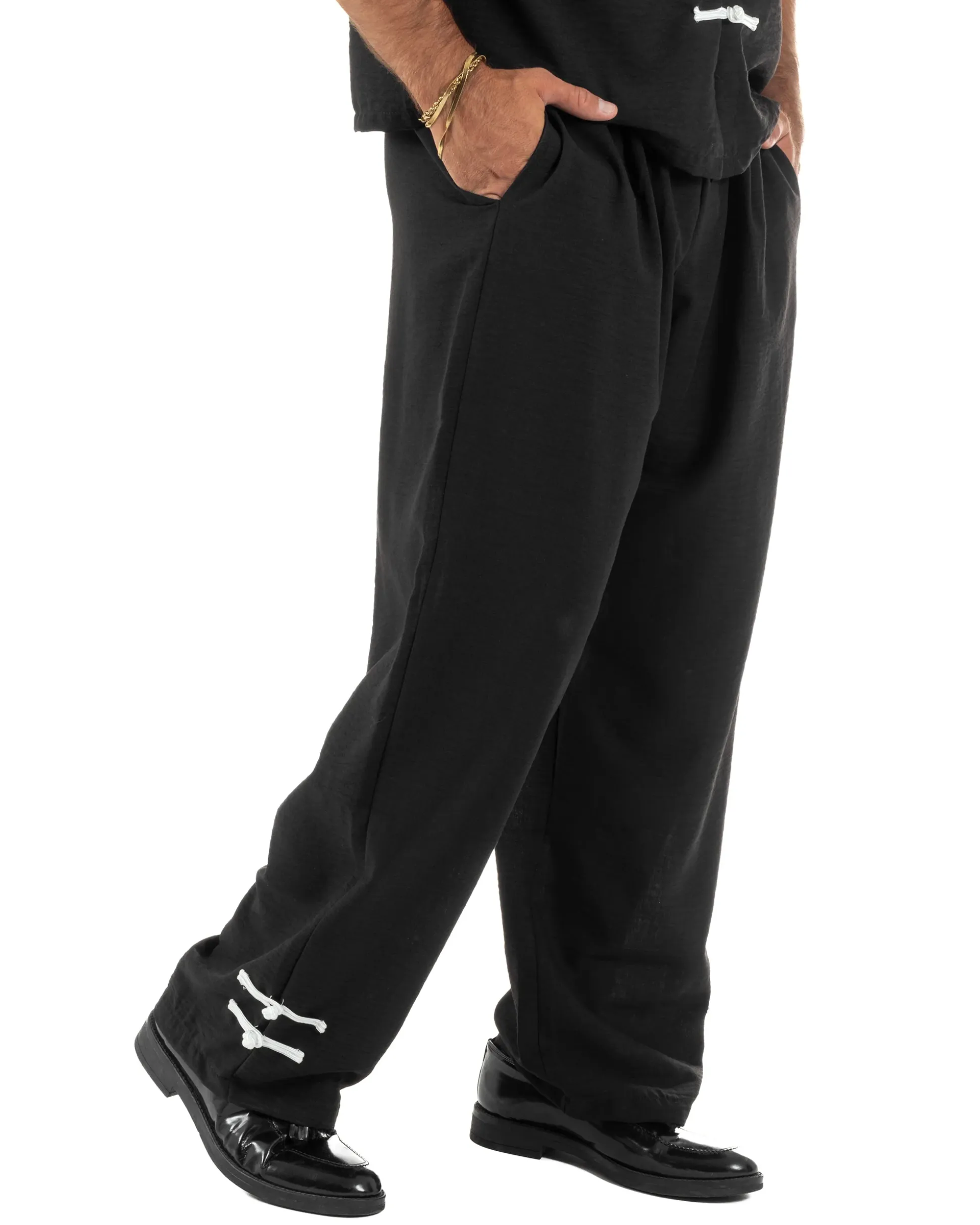 Coordinato uomo completo relaxed camicia coreana orientale pantaloni con coulisse nero GIOSAL-OU2562A