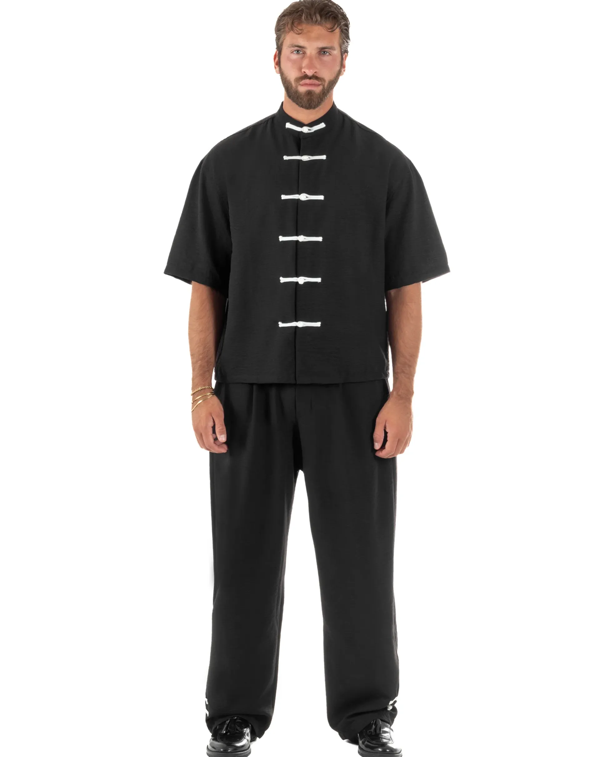 Coordinato uomo completo relaxed camicia coreana orientale pantaloni con coulisse nero GIOSAL-OU2562A