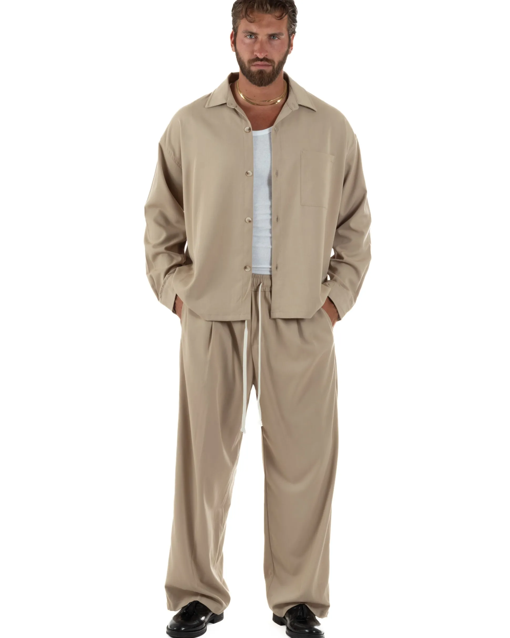 Coordinato uomo completo viscosa baggy fit basic beige GIOSAL-OU2570A