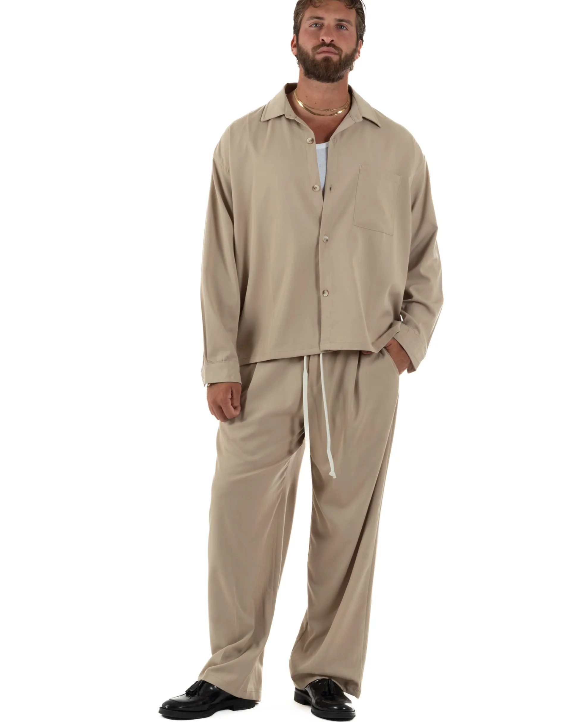 Coordinato uomo completo viscosa baggy fit basic beige GIOSAL-OU2570A