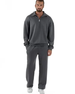 Coordinato Uomo Tuta Felpa Con Colletto Zip Pantaloni Baggy Relaxed Fit Piombo OU2539A