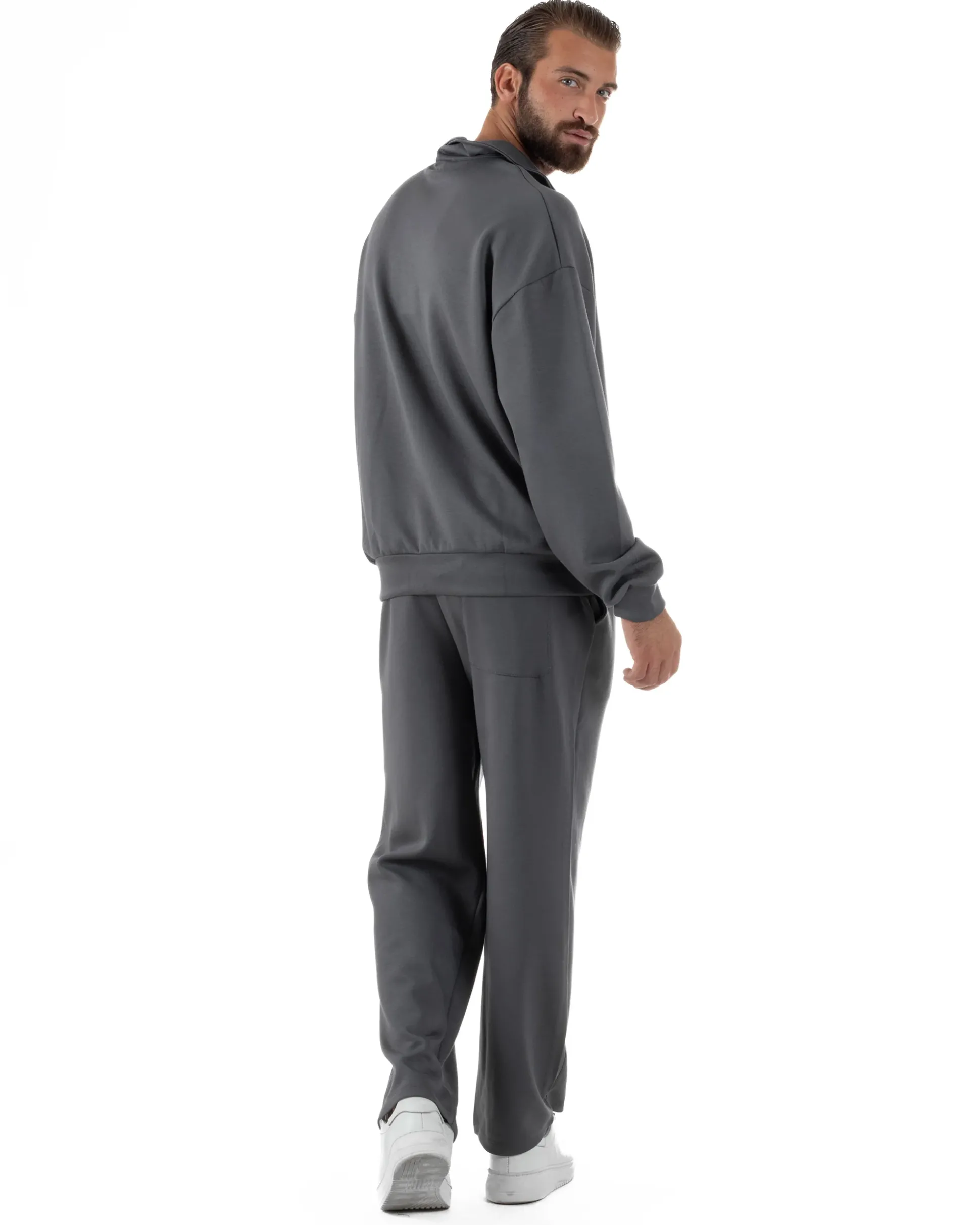Coordinato Uomo Tuta Felpa Con Colletto Zip Pantaloni Baggy Relaxed Fit Piombo OU2539A
